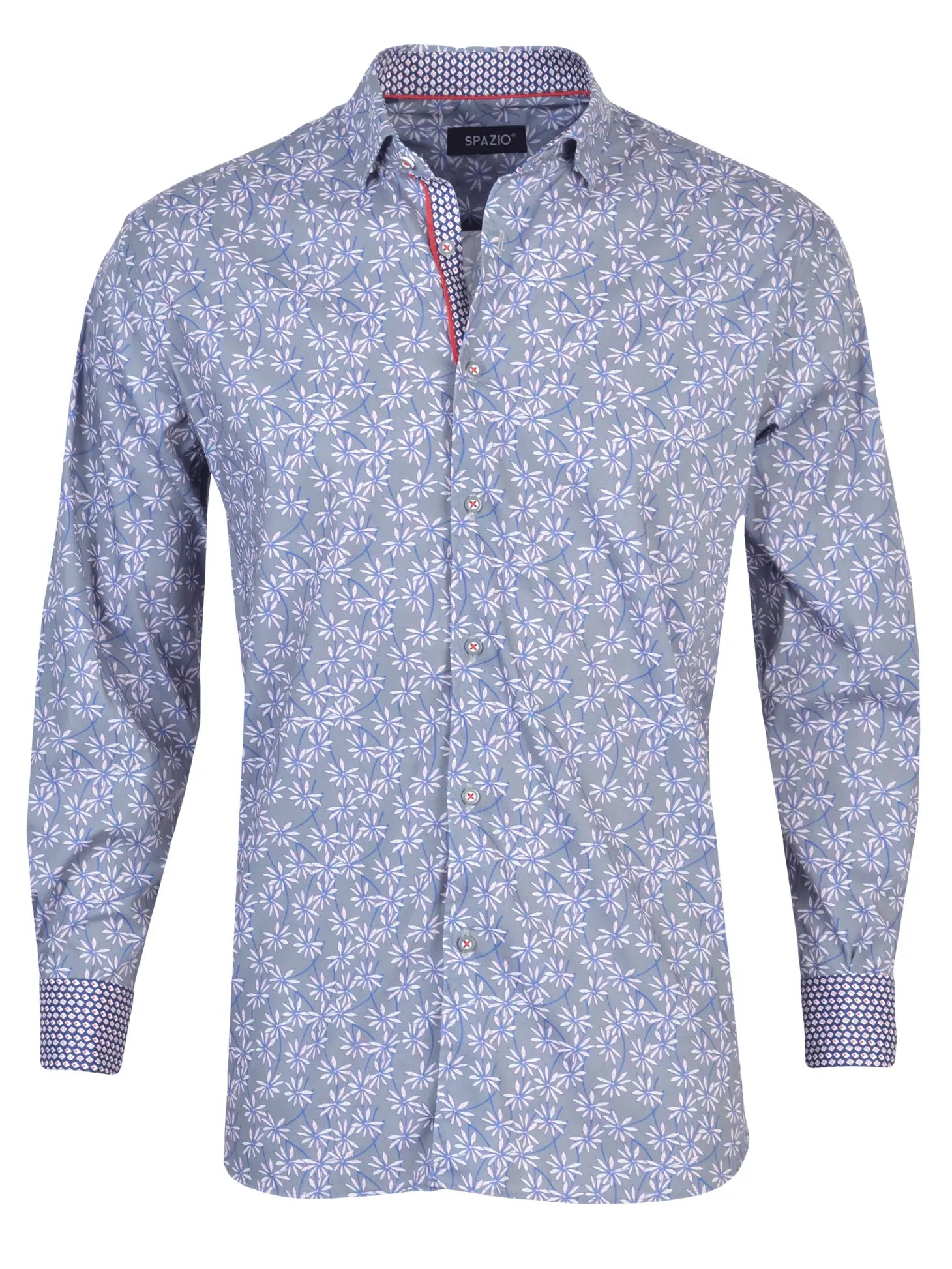Faire,Spazio, Spazio Grey With Pink Floral Print Long Sleeve Button Up Shirt, Pink, Extra Extra Large-51-TagXXL