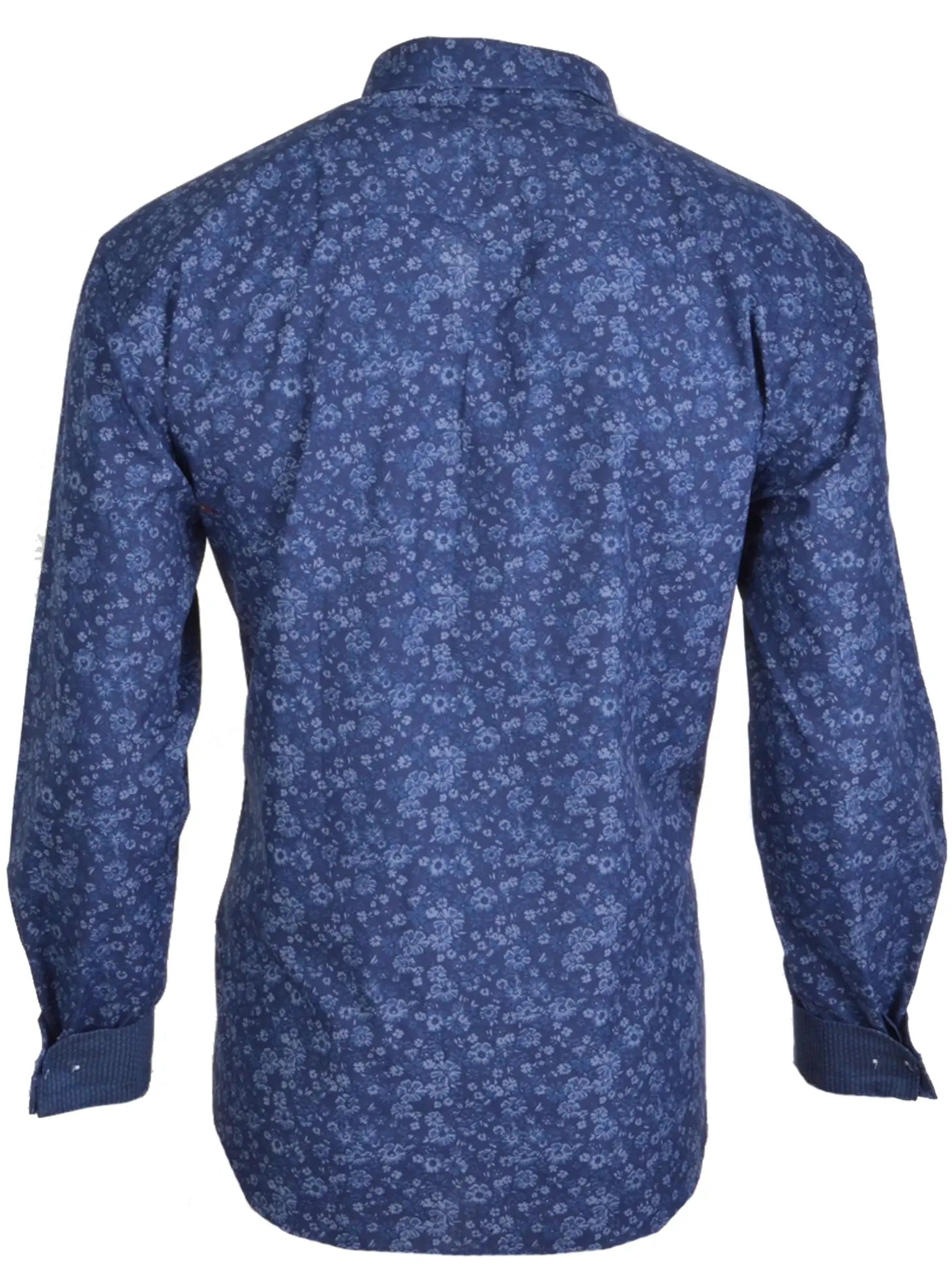 Faire,Spazio, Spazio Dark Blue Tonal Floral Print Long Sleeve Button Up Shirt, Blue, Medium-44-TagM