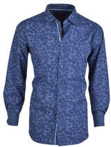 Spazio Dark Blue Tonal Floral Print Long Sleeve Button Up Shirt