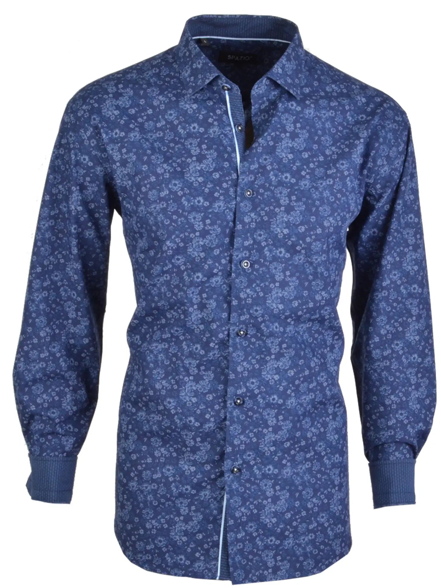 Faire,Spazio, Spazio Dark Blue Tonal Floral Print Long Sleeve Button Up Shirt, Blue, Small-41-TagS