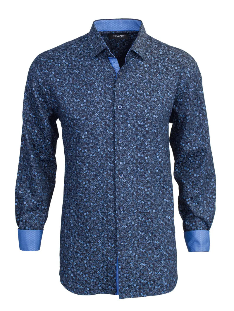 Spazio Navy & Blue Swirl Floral Print Long Sleeve Button Up Shirt
