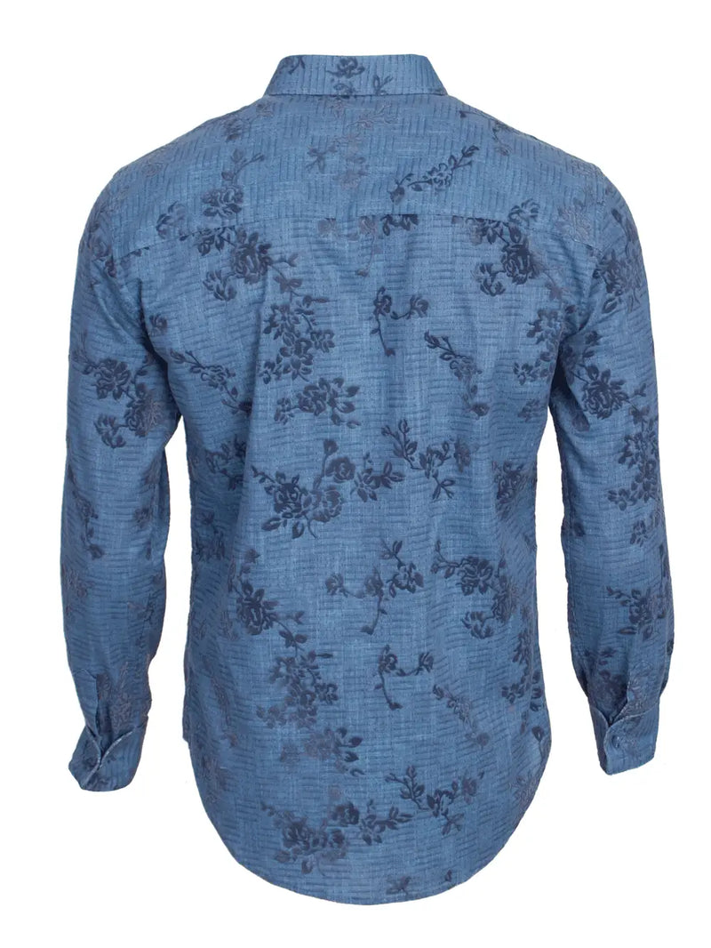 Spazio Blue With Large Tonal Floral Print & Horizontal Lines Long Sleeve Button Up Shirt