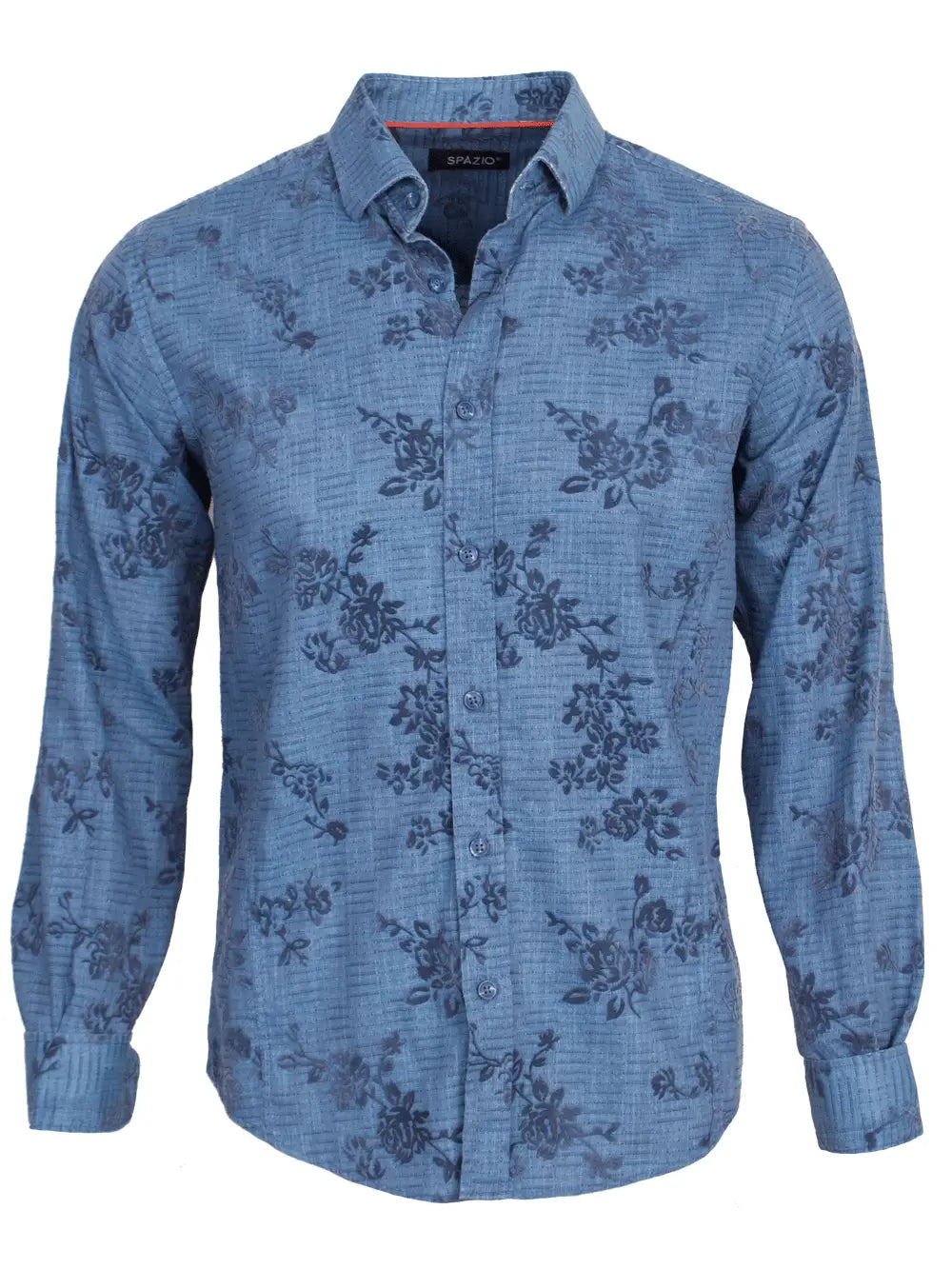 Faire,Spazio, Spazio Blue With Large Tonal Floral Print & Horizontal Lines Long Sleeve Button Up Shirt, Blue, Large-47-TagL