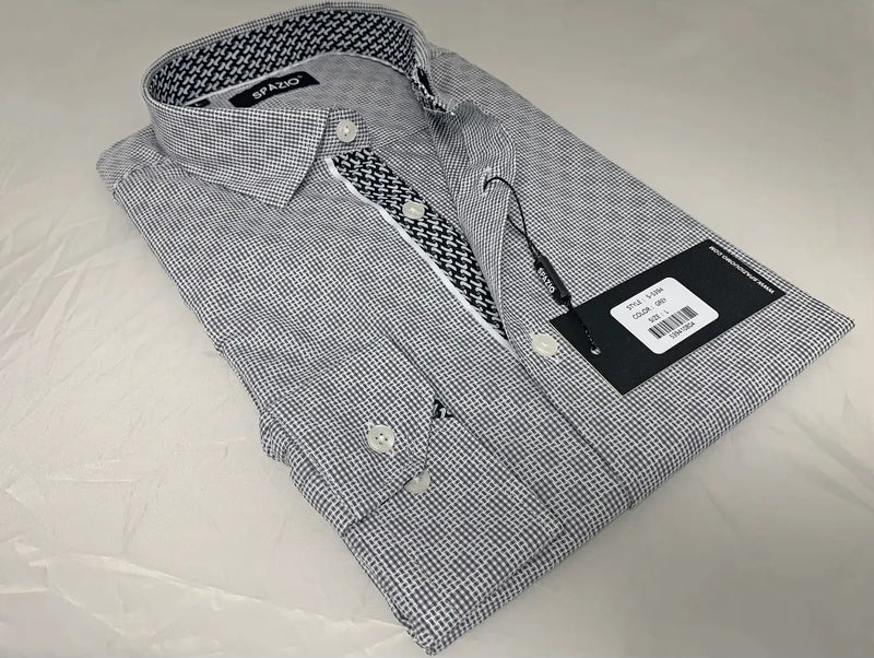 Spazio Grey Gingham Diamond Print Long Sleeve Button Up Shirt