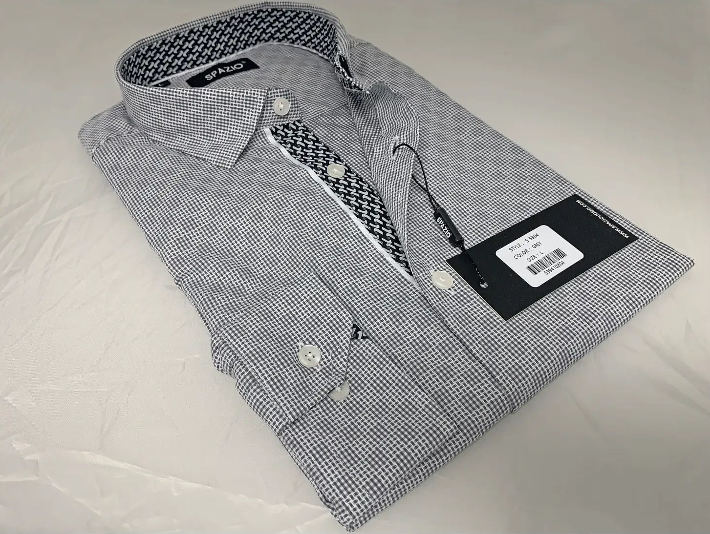 Faire,Spazio, Spazio Grey Gingham Diamond Print Long Sleeve Button Up Shirt, Grey, Large-46-TagL