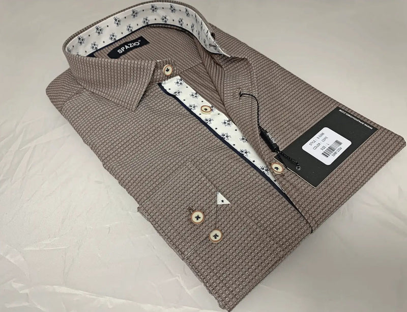 Spazio Brown Mini Dot Print Long Sleeve Button Up Shirt