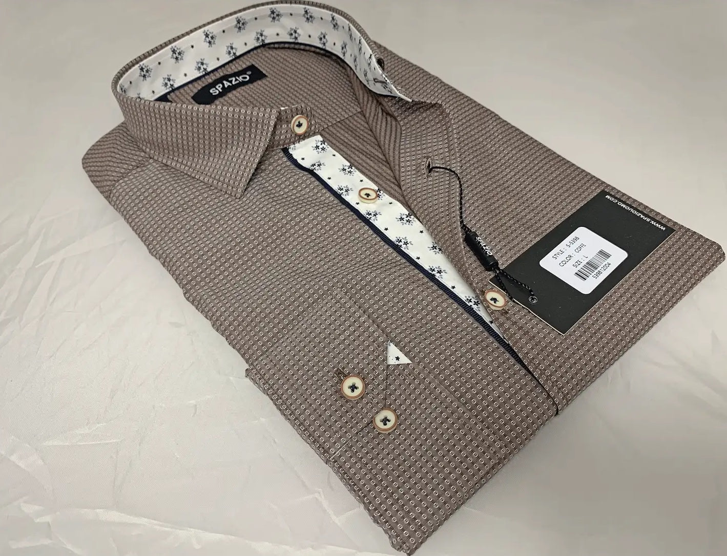 Faire,Spazio, Spazio Brown Mini Dot Print Long Sleeve Button Up Shirt, Brown, Extra Large-48-TagXL