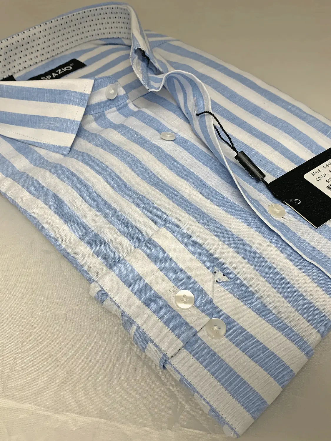 Faire,Spazio, Spazio White & Light Blue Thick Vertical Stripe Linen Long Sleeve Button Up Shirt, White, Small-41-TagS