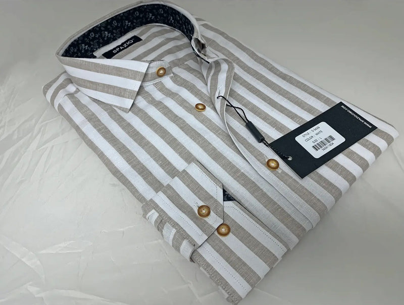 Spazio White & Beige Thick Vertical Stripe Linen Long Sleeve Button Up Shirt