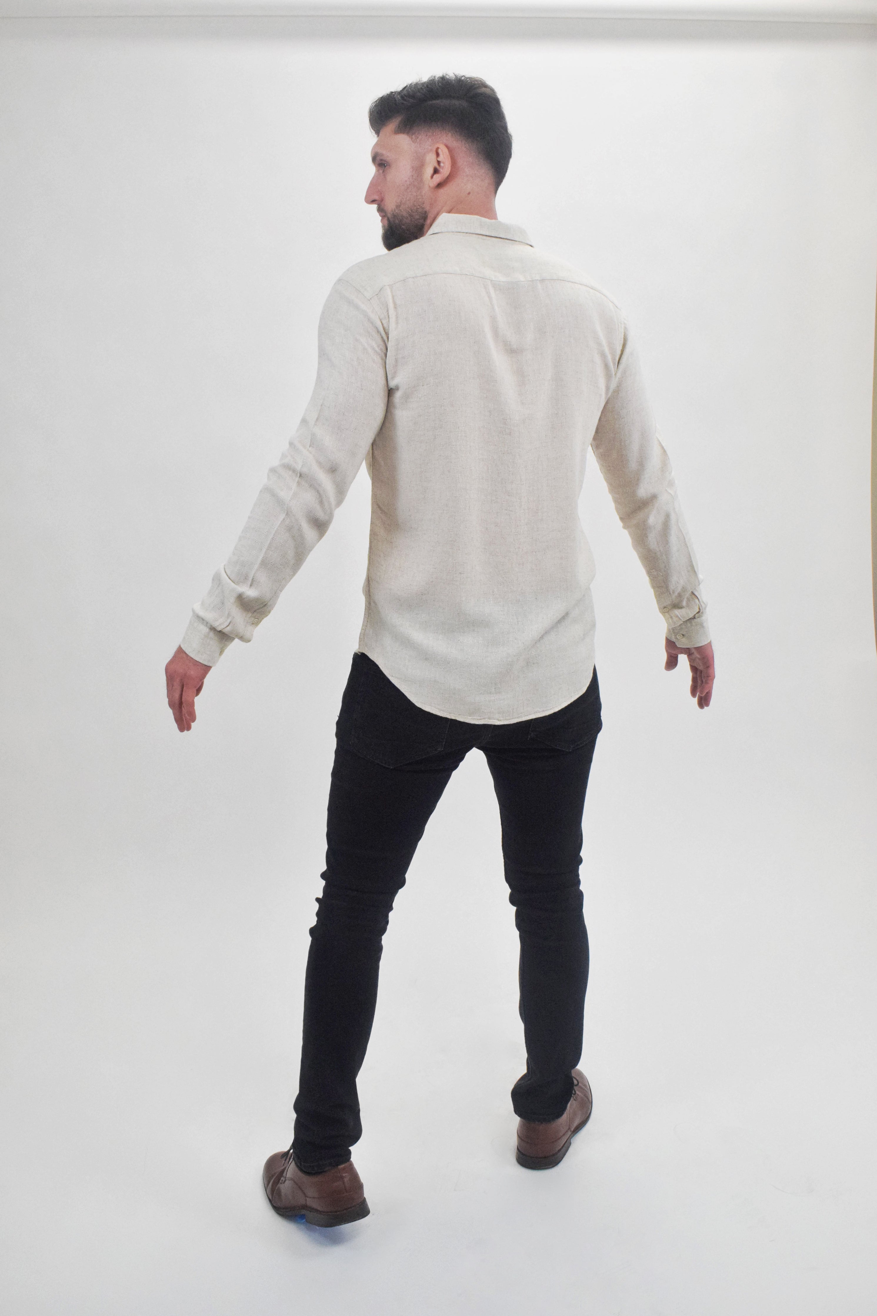 Wholesale,Suit Sartoria, Suit Sartoria Beige Linen Blend Textured Long Sleeve Button Up Shirt, Tan, Large-45-TagM