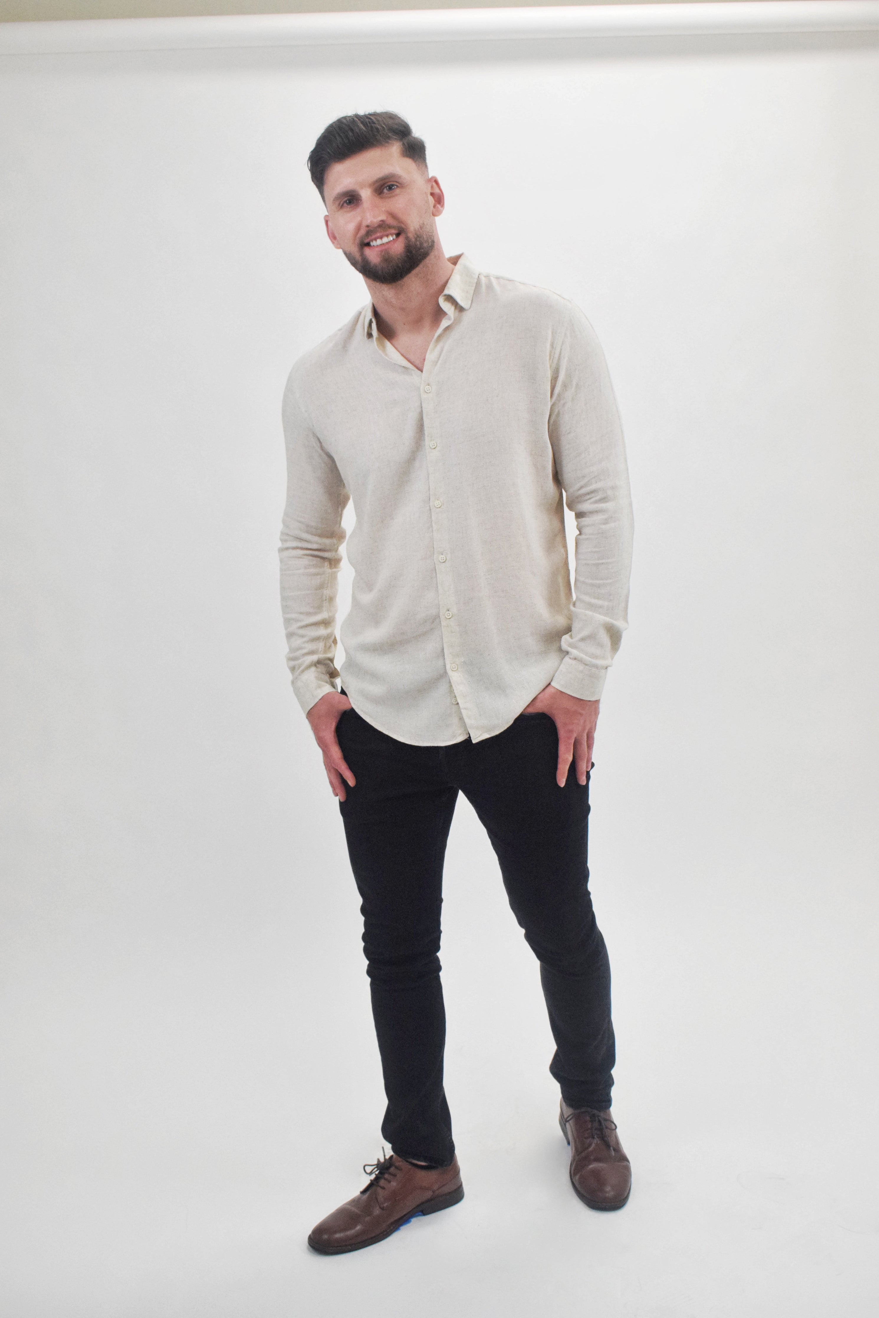 Wholesale,Suit Sartoria, Suit Sartoria Beige Linen Blend Textured Long Sleeve Button Up Shirt, Tan, Large-45-TagM
