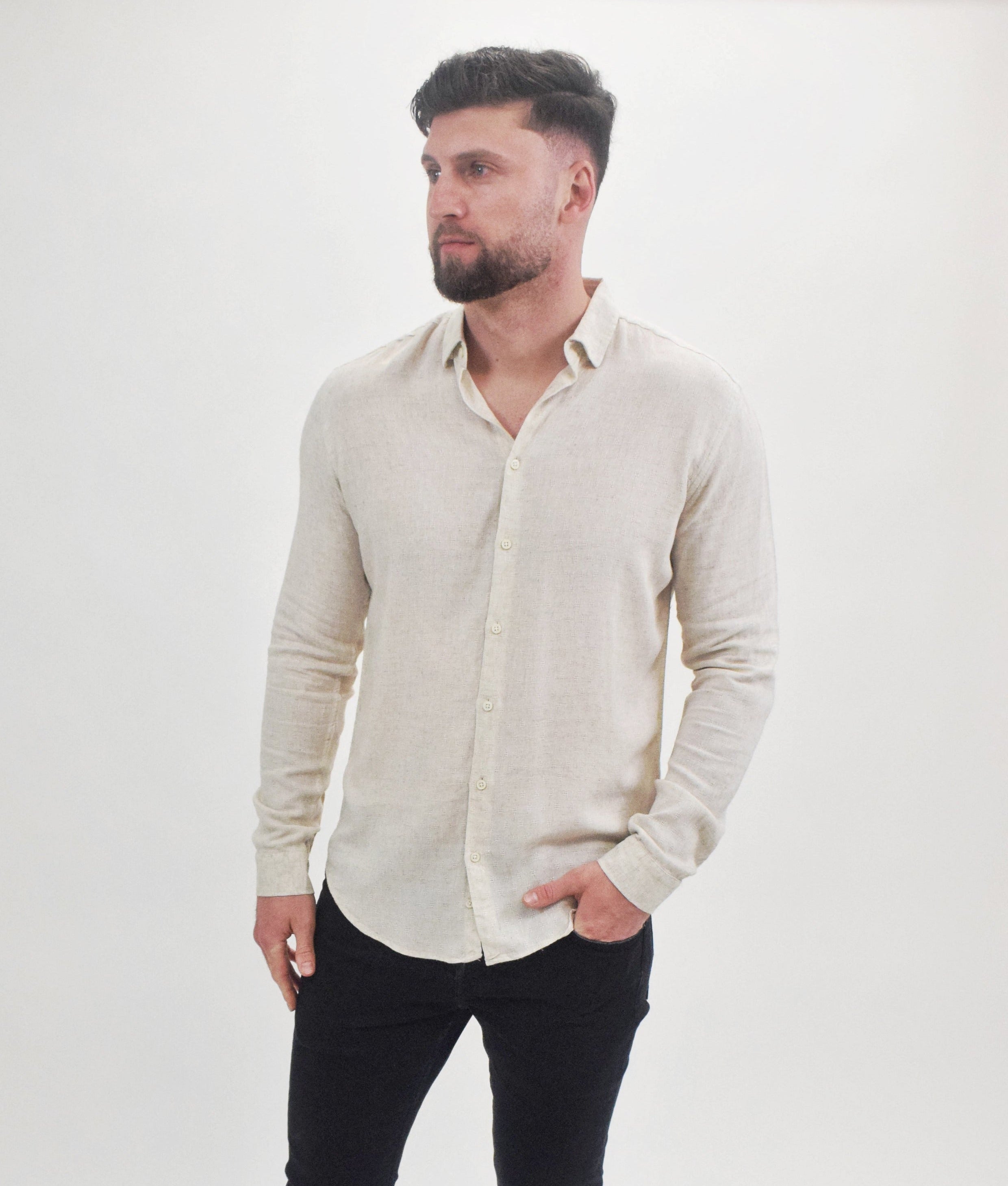 Wholesale,Suit Sartoria, Suit Sartoria Beige Linen Blend Textured Long Sleeve Button Up Shirt, Tan, Large-47-TagL