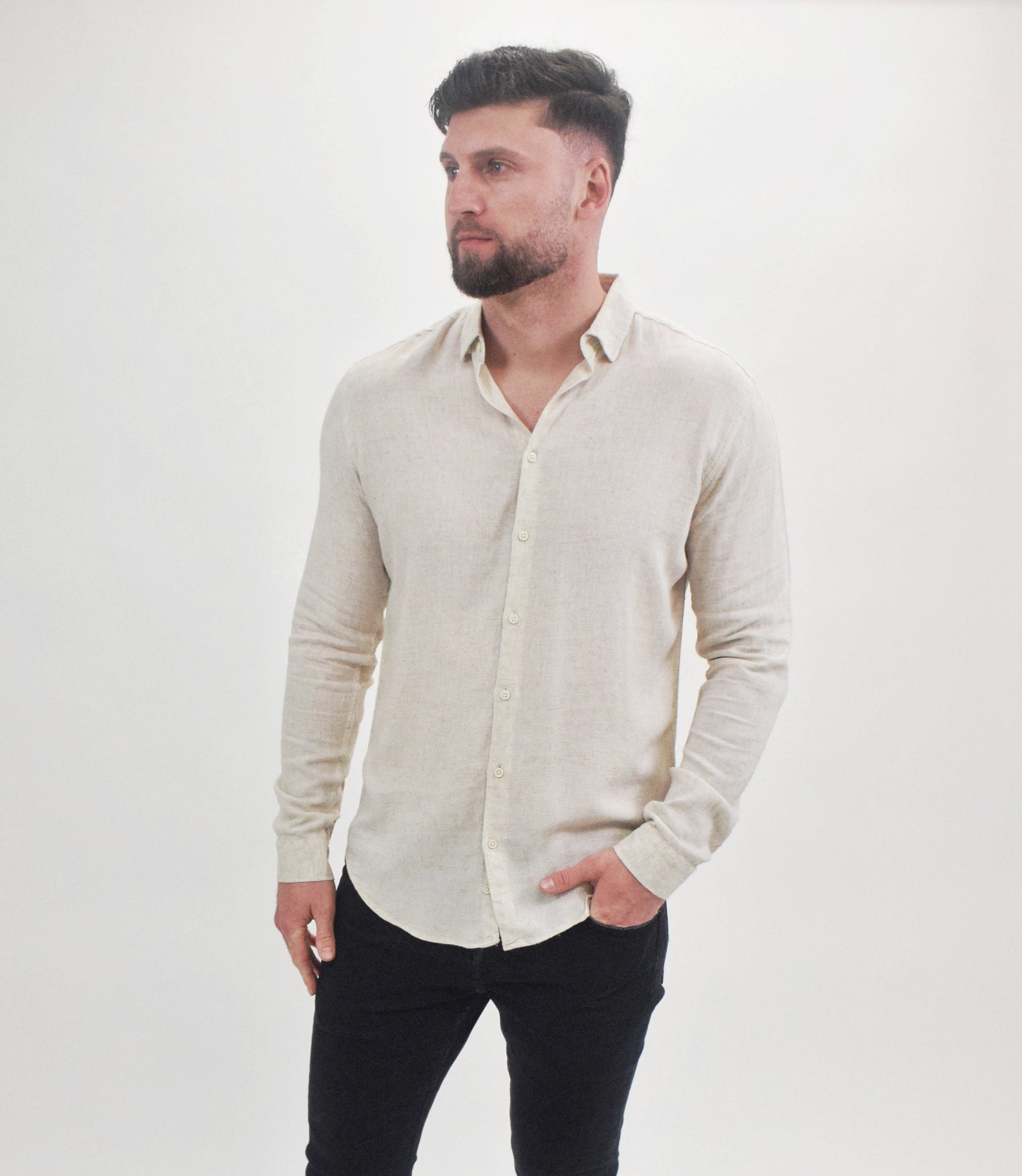 Wholesale,Suit Sartoria, Suit Sartoria Beige Linen Blend Textured Long Sleeve Button Up Shirt, Tan, Large-45-TagM