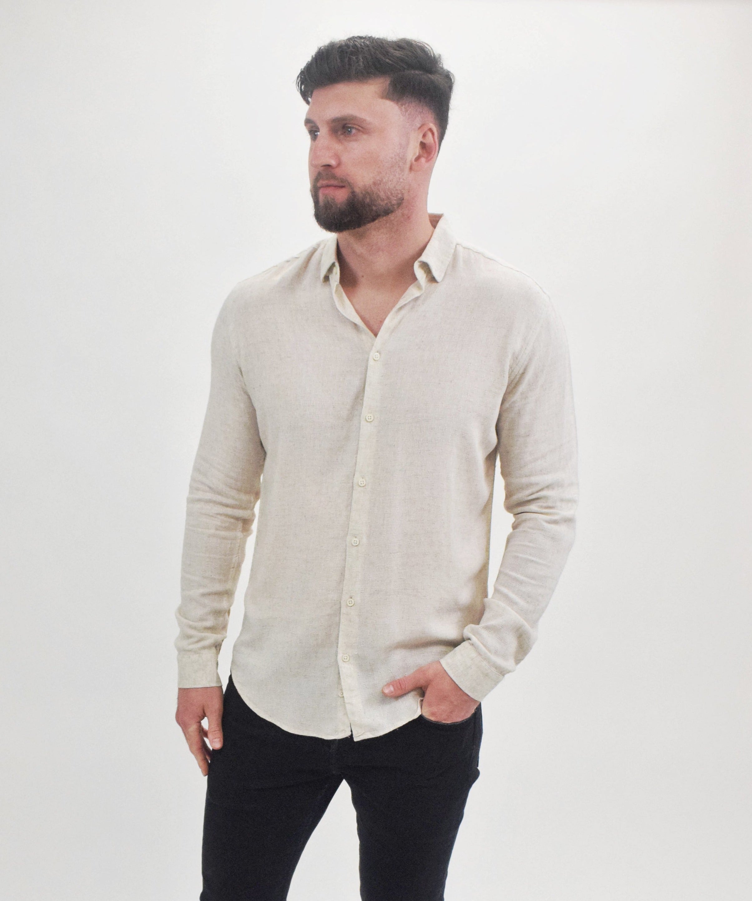 Wholesale,Suit Sartoria, Suit Sartoria Beige Linen Blend Textured Long Sleeve Button Up Shirt, Tan, Extra Large-48-TagXL