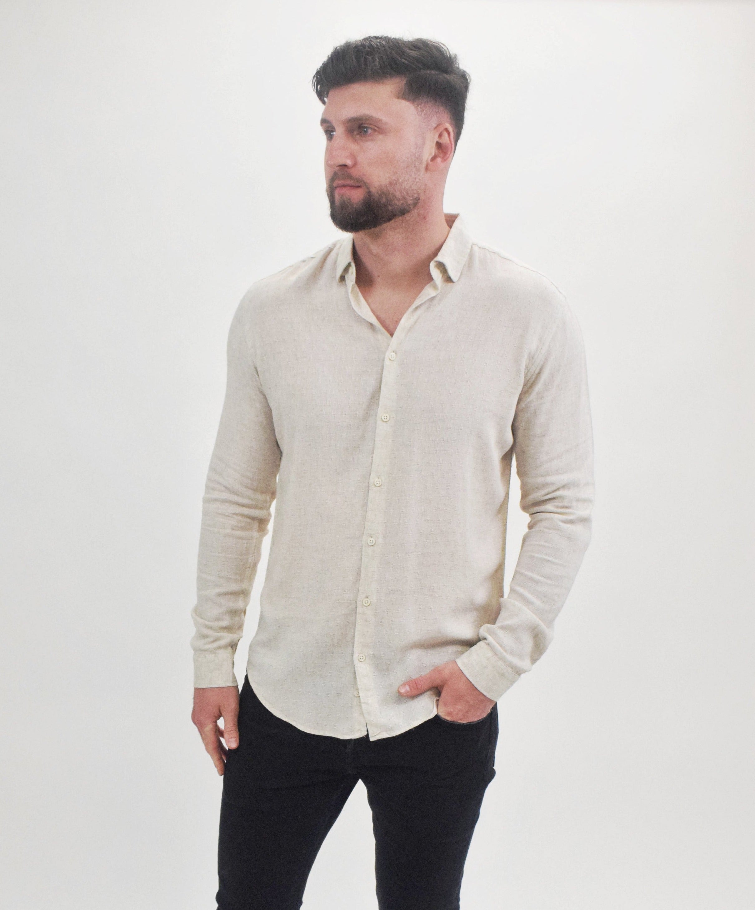Wholesale,Suit Sartoria, Suit Sartoria Beige Linen Blend Textured Long Sleeve Button Up Shirt, Tan, Large-47-TagL