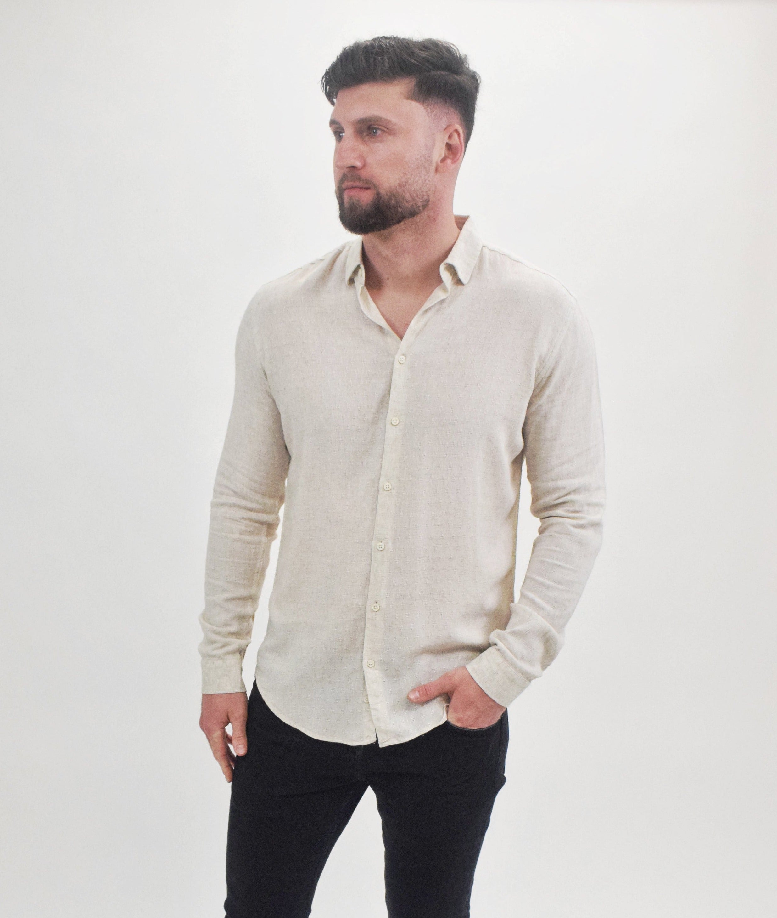 Wholesale,Suit Sartoria, Suit Sartoria Beige Linen Blend Textured Long Sleeve Button Up Shirt, Tan, Large-45-TagM