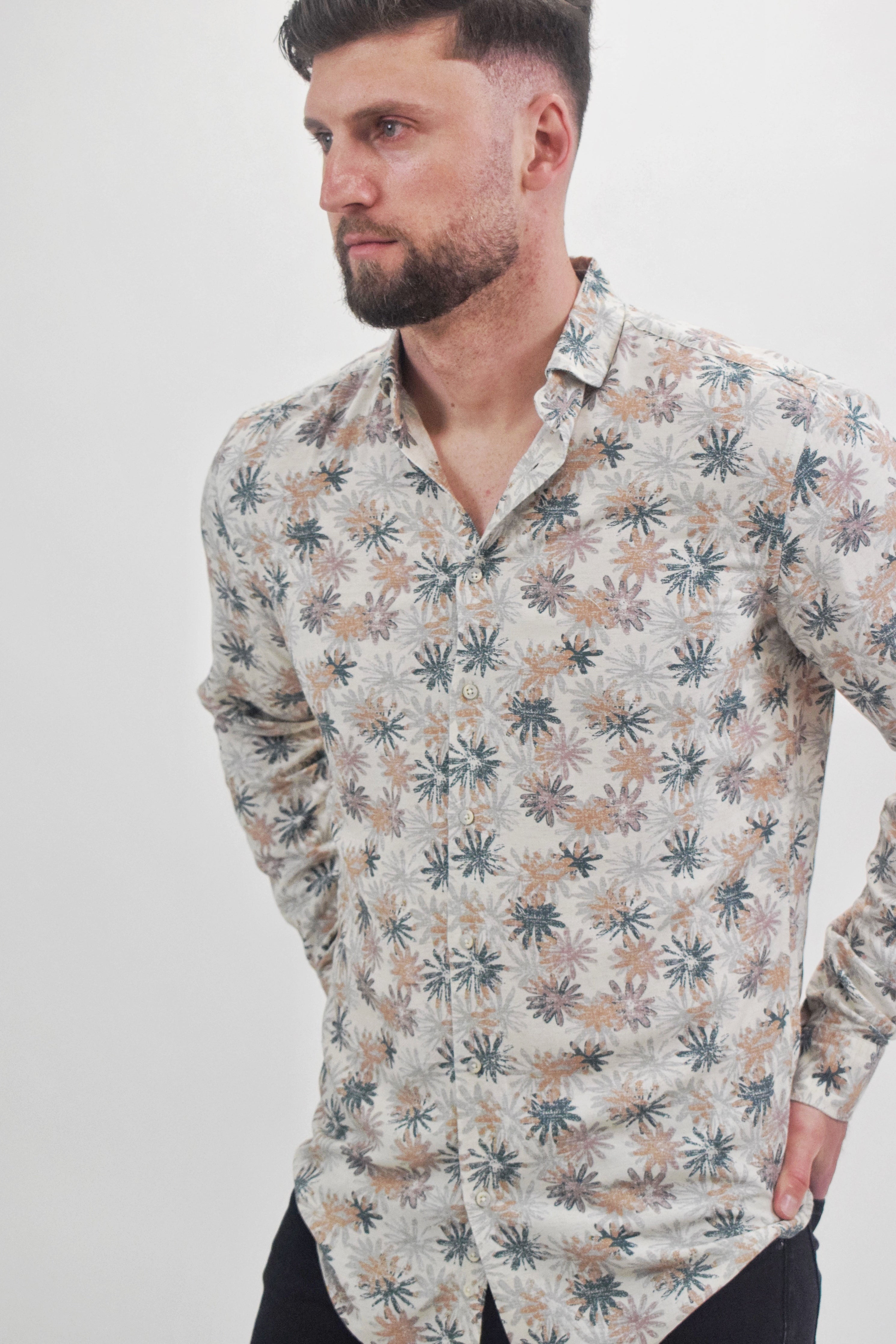 Wholesale,Suit Sartoria, Suit Sartoria Beige With Multi-Colored Flower Print Long Sleeve Button Up Shirt, Cream, Large-46-TagL