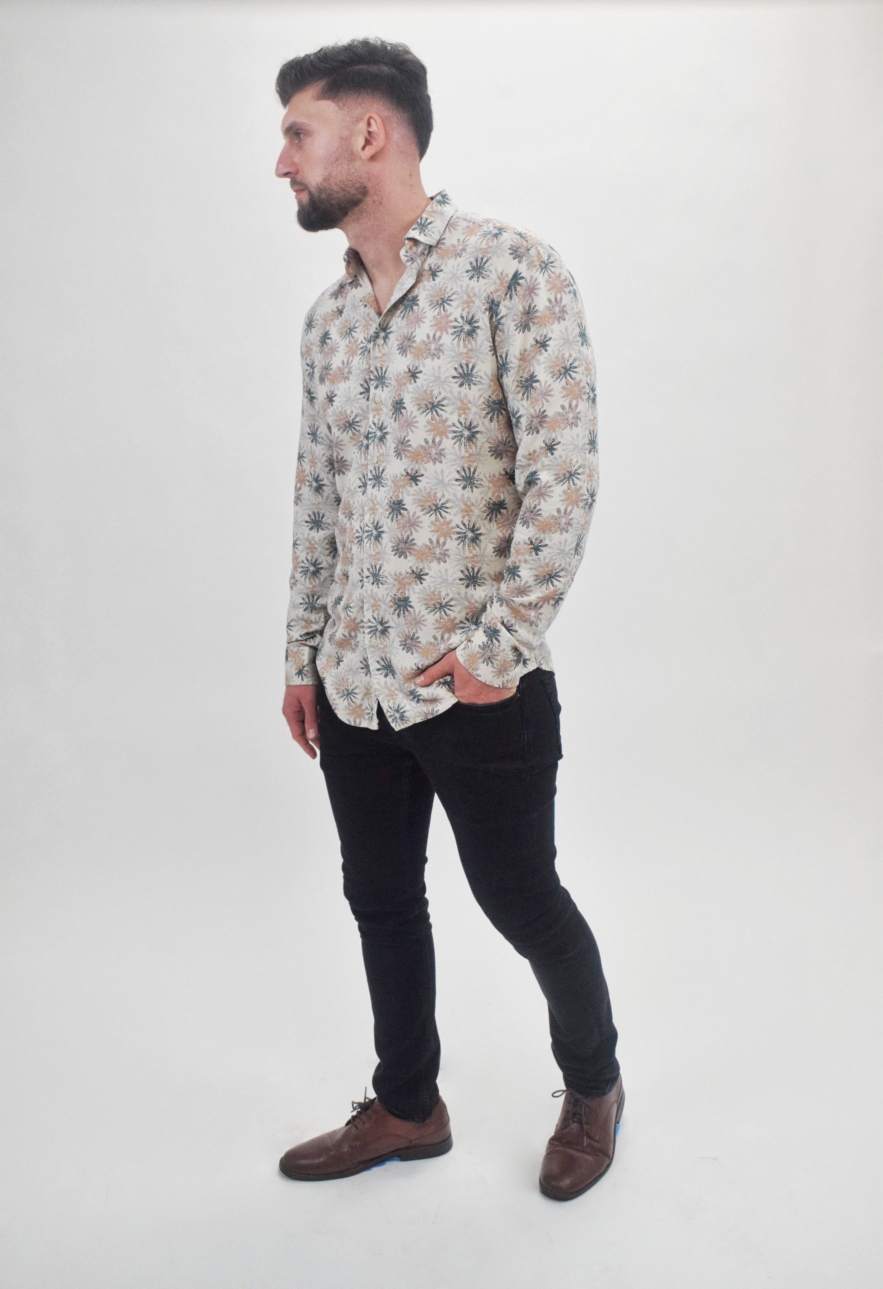 Wholesale,Suit Sartoria, Suit Sartoria Beige With Multi-Colored Flower Print Long Sleeve Button Up Shirt, Cream, Large-46-TagL