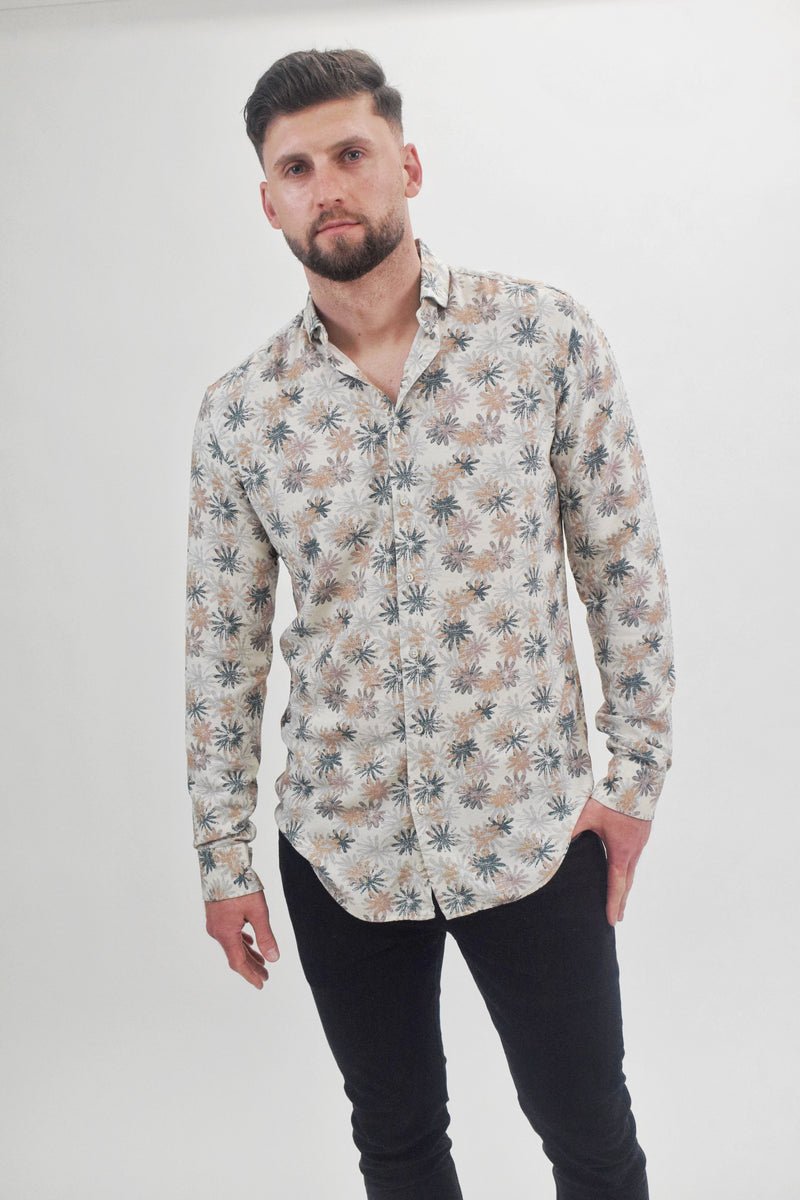 Suit Sartoria Beige With Multi-Colored Flower Print Long Sleeve Button Up Shirt