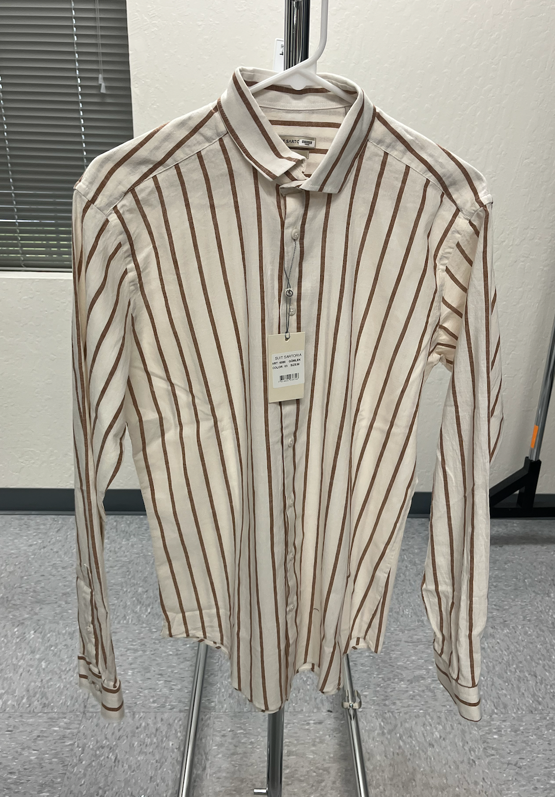 Wholesale,Suit Sartoria, Suit Sartoria Cream And Brown Horizontally Striped Long Sleeve Slim Fit Button Up Shirt, White, Medium-43-TagM