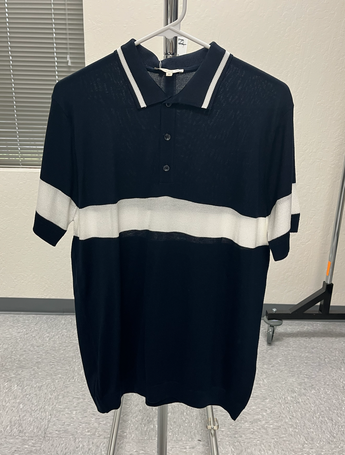 Wholesale,Suit Sartoria, Suit Sartoria Navy With White Stripe Button Up Knit Short Sleeve Polo, Blue, Large-44-TagL