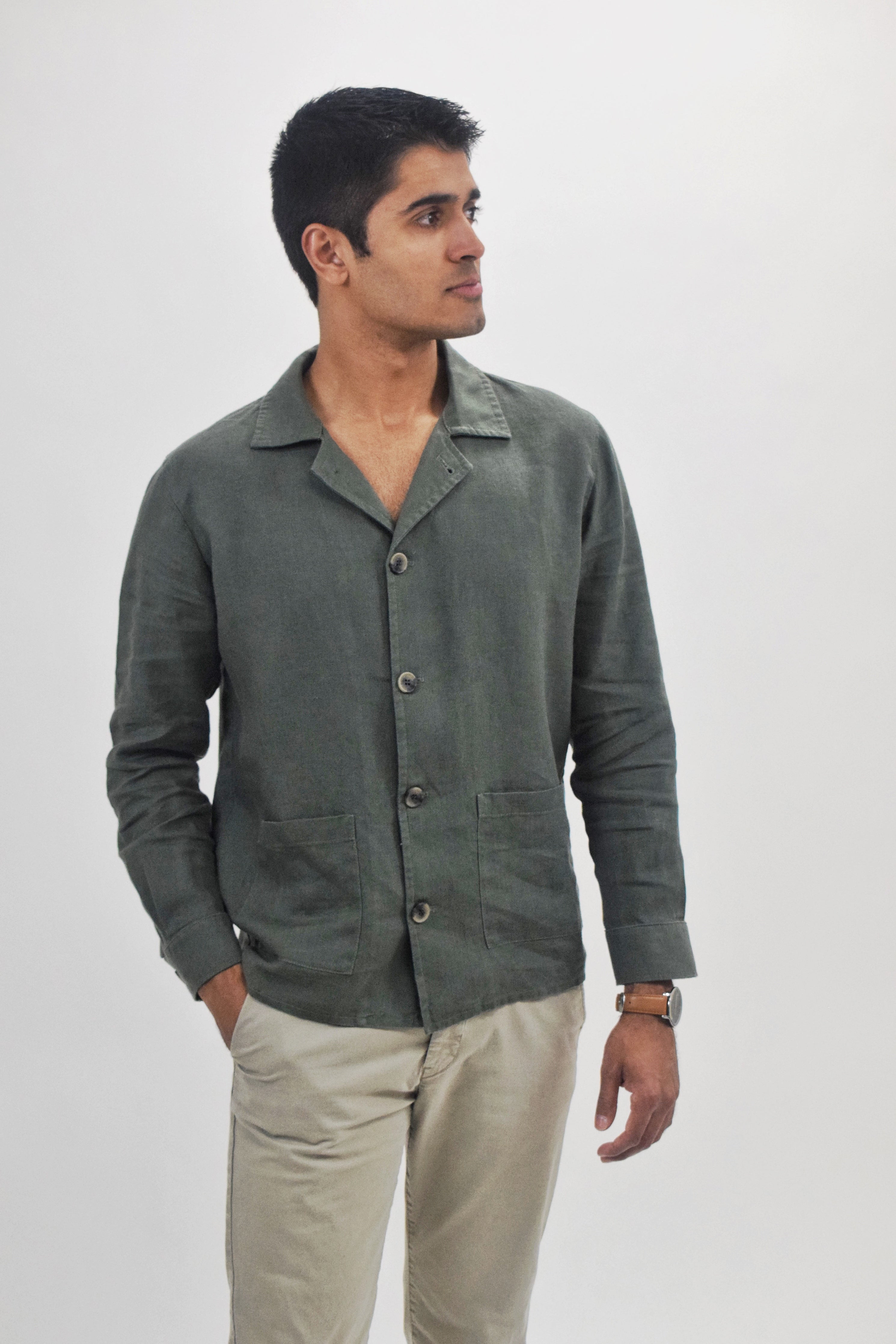 Wholesale,Suit Sartoria, Suit Sartoria Olive Green Linen Overshirt, Green, Extra Large-49-Tag56