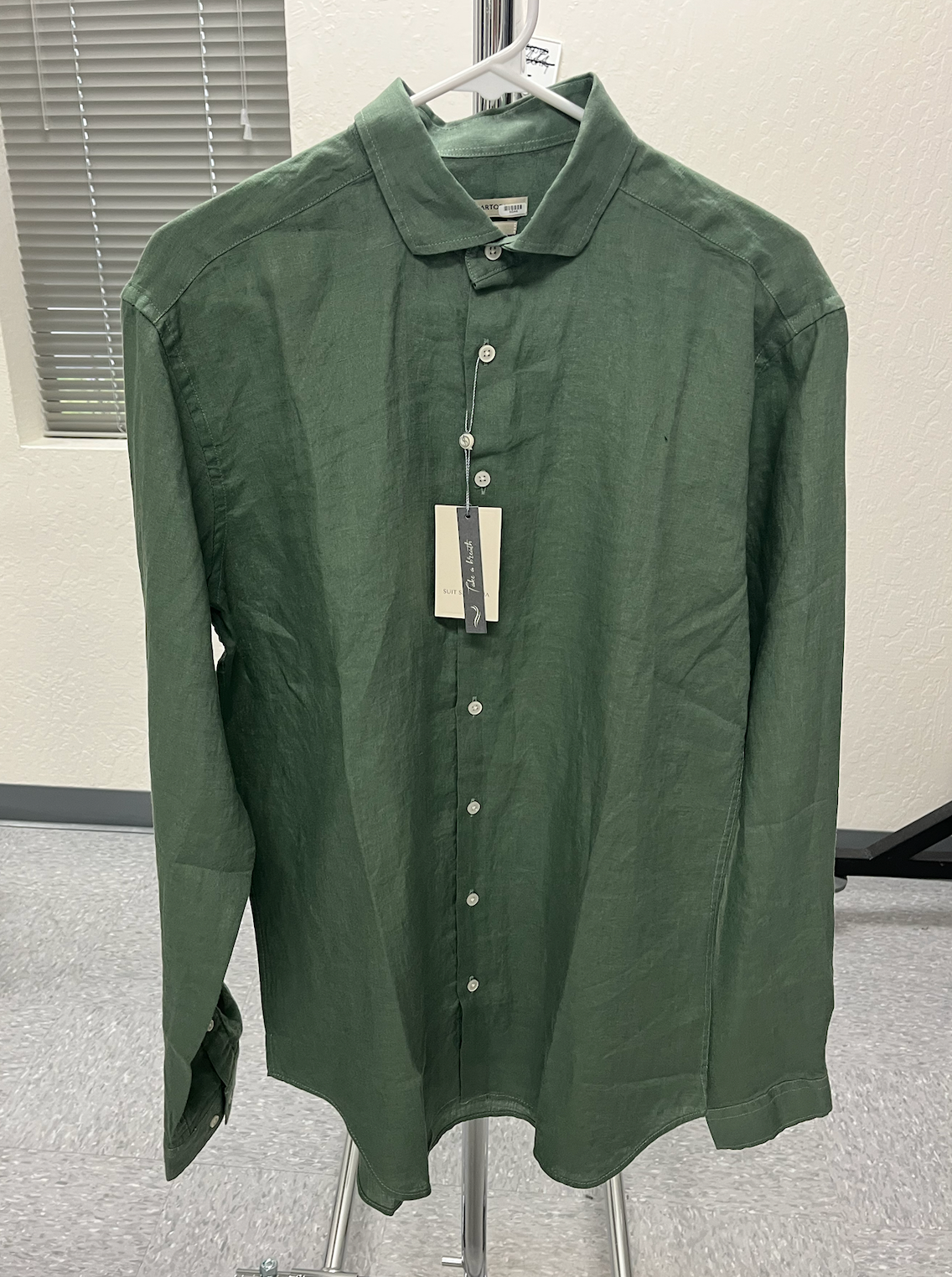 Wholesale,Suit Sartoria, Suit Sartoria Olive Green Linen Long Sleeve Button Up Shirt, Green, Large-47-TagXL