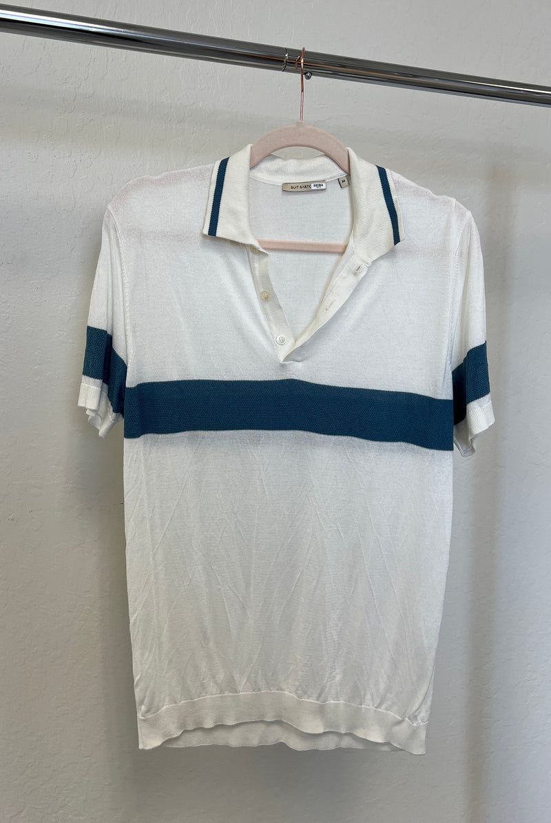 Suit Sartoria White With Light Blue Stripe Button Up Knit Short Sleeve Polo