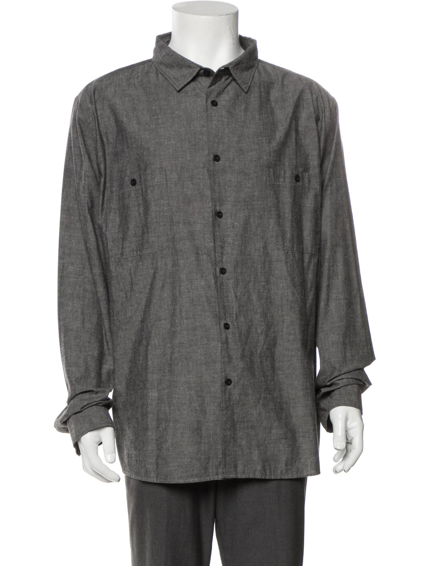 The RealReal,Sunspel, Sunspel Dark Grey Long Sleeve Button Up Shirt With Double Chest Pockets, Grey, Extra Extra Large-51-TagXXL
