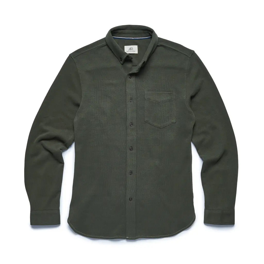 Faire,Surfside Supply, Surfside Supply Dark Green Rib Knit Long Sleeve Button Up Shirt, Green, Large-43-TagL