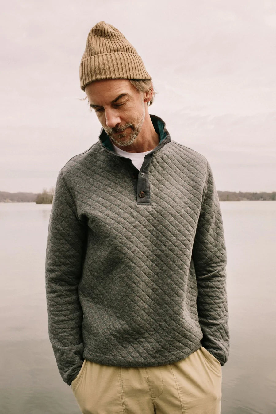 Faire,Surfside Supply, Surfside Supply Grey Heather Quarter Button Up Quilted Pull Over Sweater, Grey, Large-48-TagL