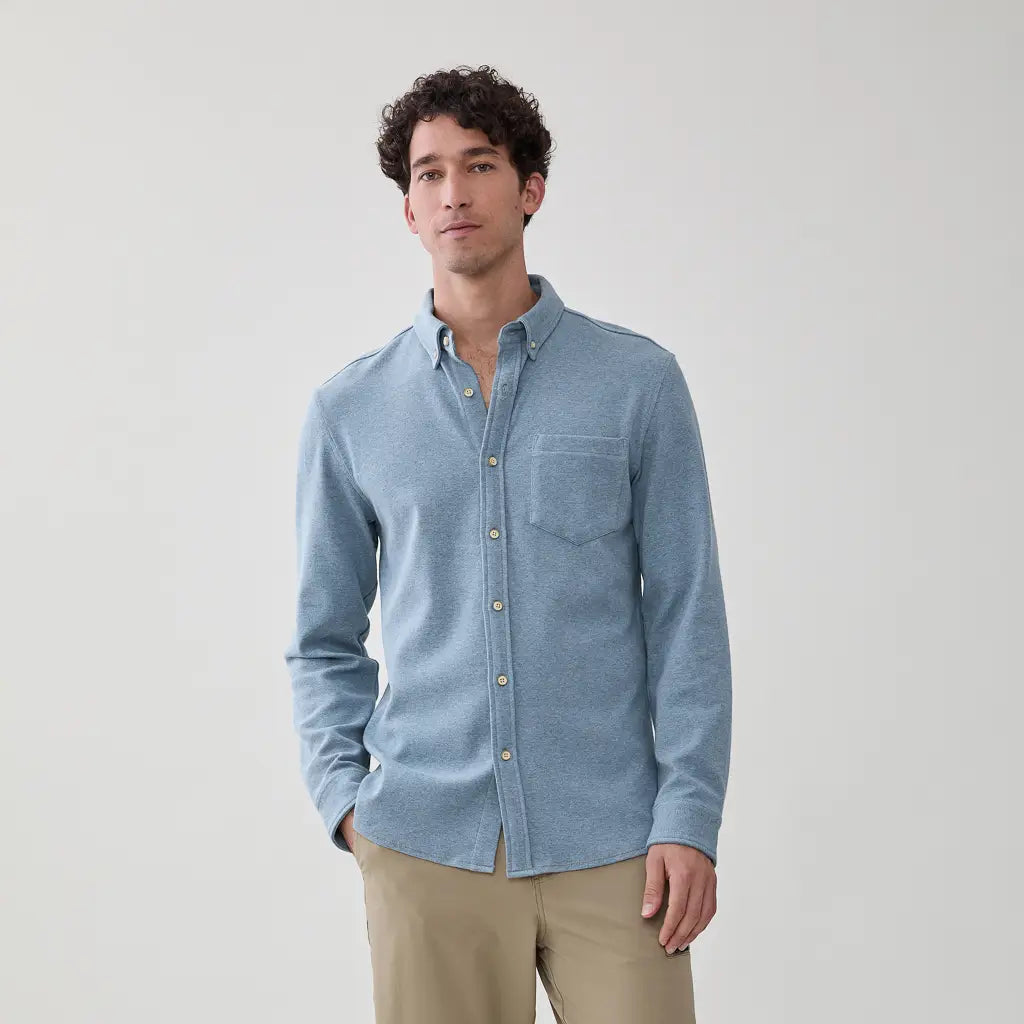 Faire,Surfside Supply, Surfside Supply Light Blue Heather Knit Long Sleeve Button Up Shirt, Blue, Large-44-TagL