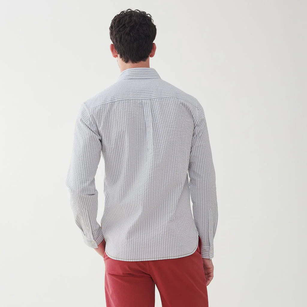 Faire,Surfside Supply, Surfside Supply Light Grey And White Vertical Seersucker Striped Button Up Shirt With Front Chest Pocket, White, Medium-43-TagM