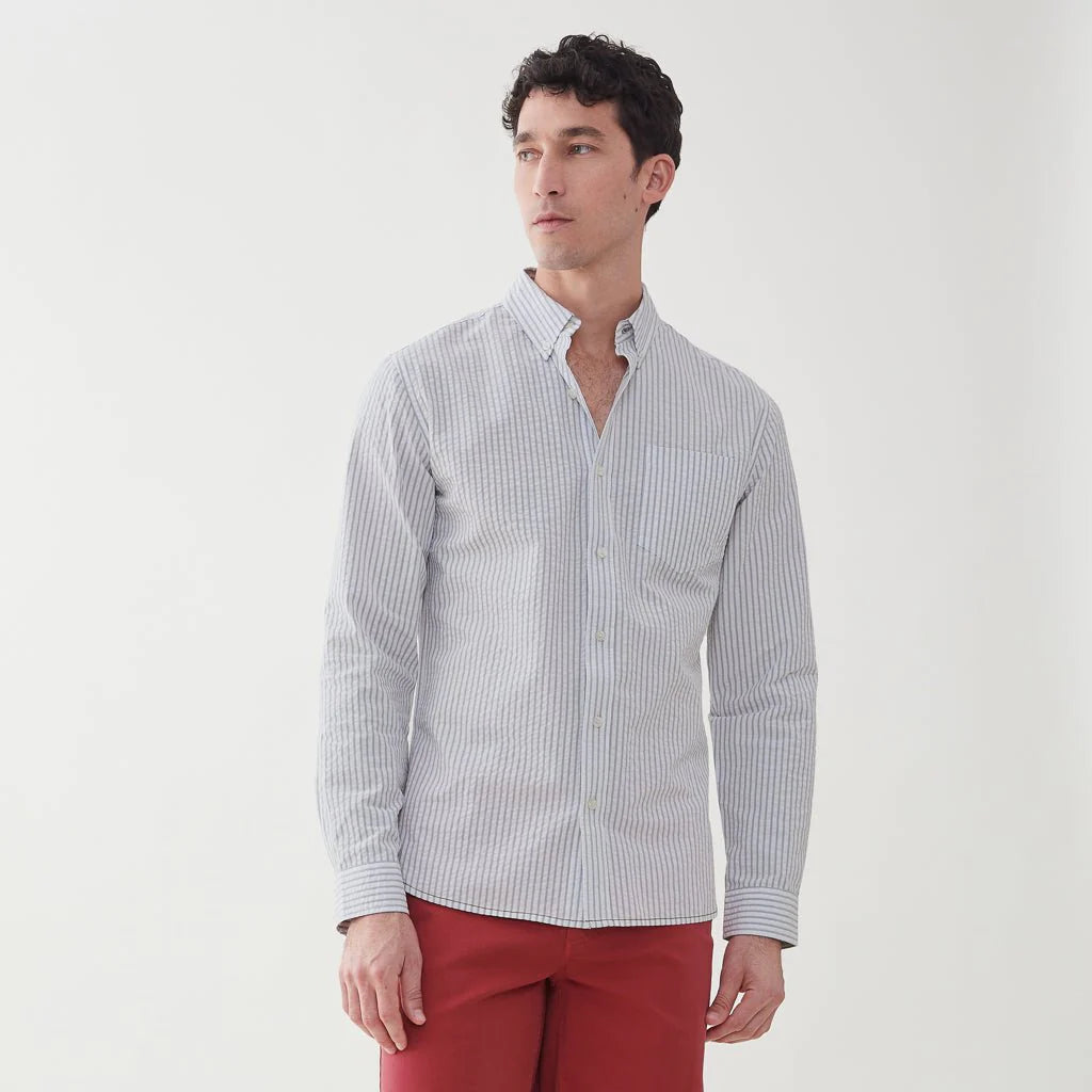 Faire,Surfside Supply, Surfside Supply Light Grey And White Vertical Seersucker Striped Button Up Shirt With Front Chest Pocket, White, Small-41-TagS