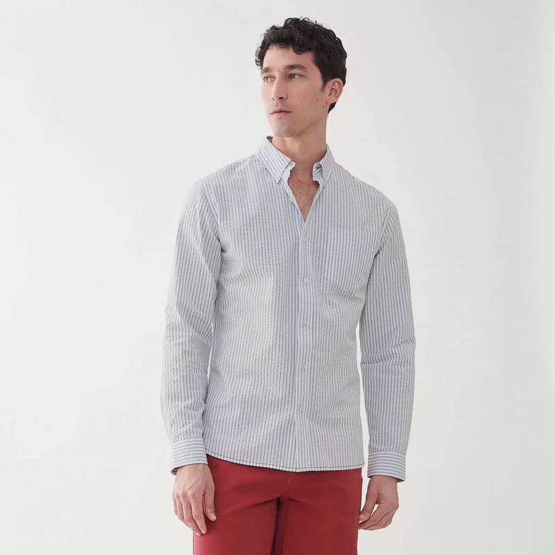 Surfside Supply Light Grey And White Vertical Seersucker Striped Button Up Shirt With Front Chest Pocket
