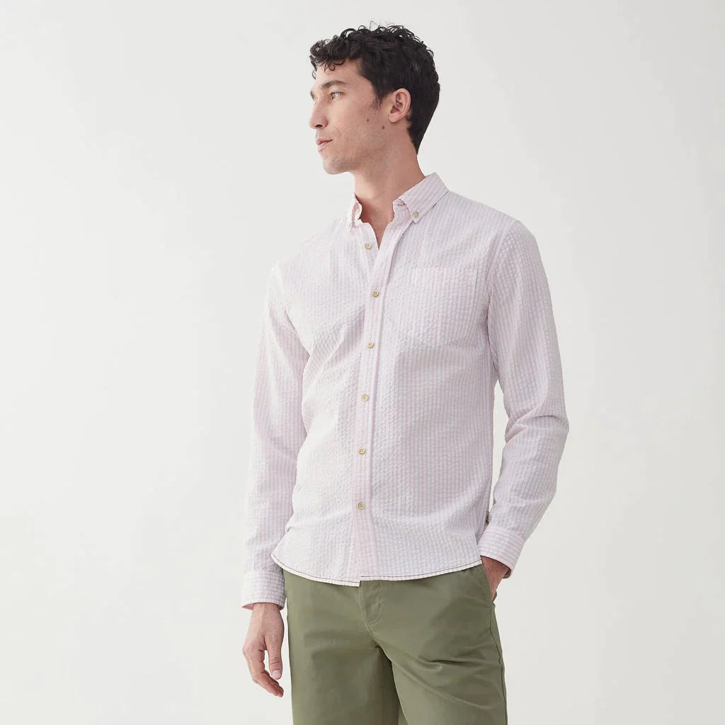 Faire,Surfside Supply, Surfside Supply Pink And White Vertical Striped Seersucker Button Up Shirt With Front Chest Pocket, White, Large-46-TagLMedium-43-TagMSmall-41-TagSExtra Extra Large-52-TagXXL
