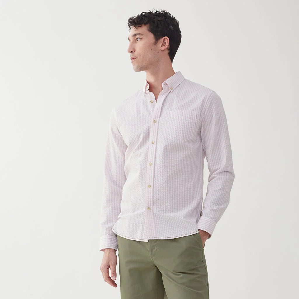 Faire,Surfside Supply, Surfside Supply Pink And White Vertical Striped Seersucker Button Up Shirt With Front Chest Pocket, White, Large-46-TagL