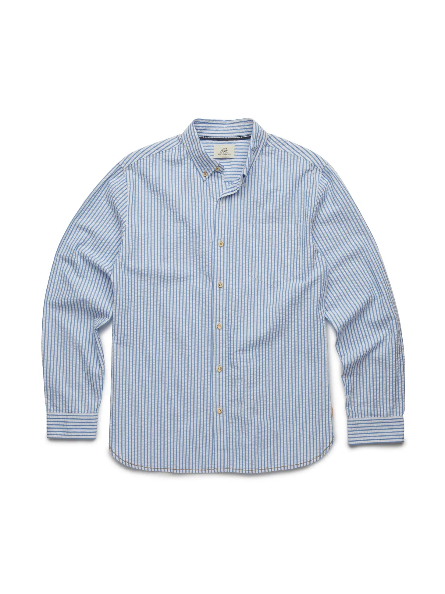 Faire,Surfside Supply, Surfside Supply Blue And White Vertical Striped Seersucker Button Up Shirt With Front Chest Pocket, White, Small-41-TagS