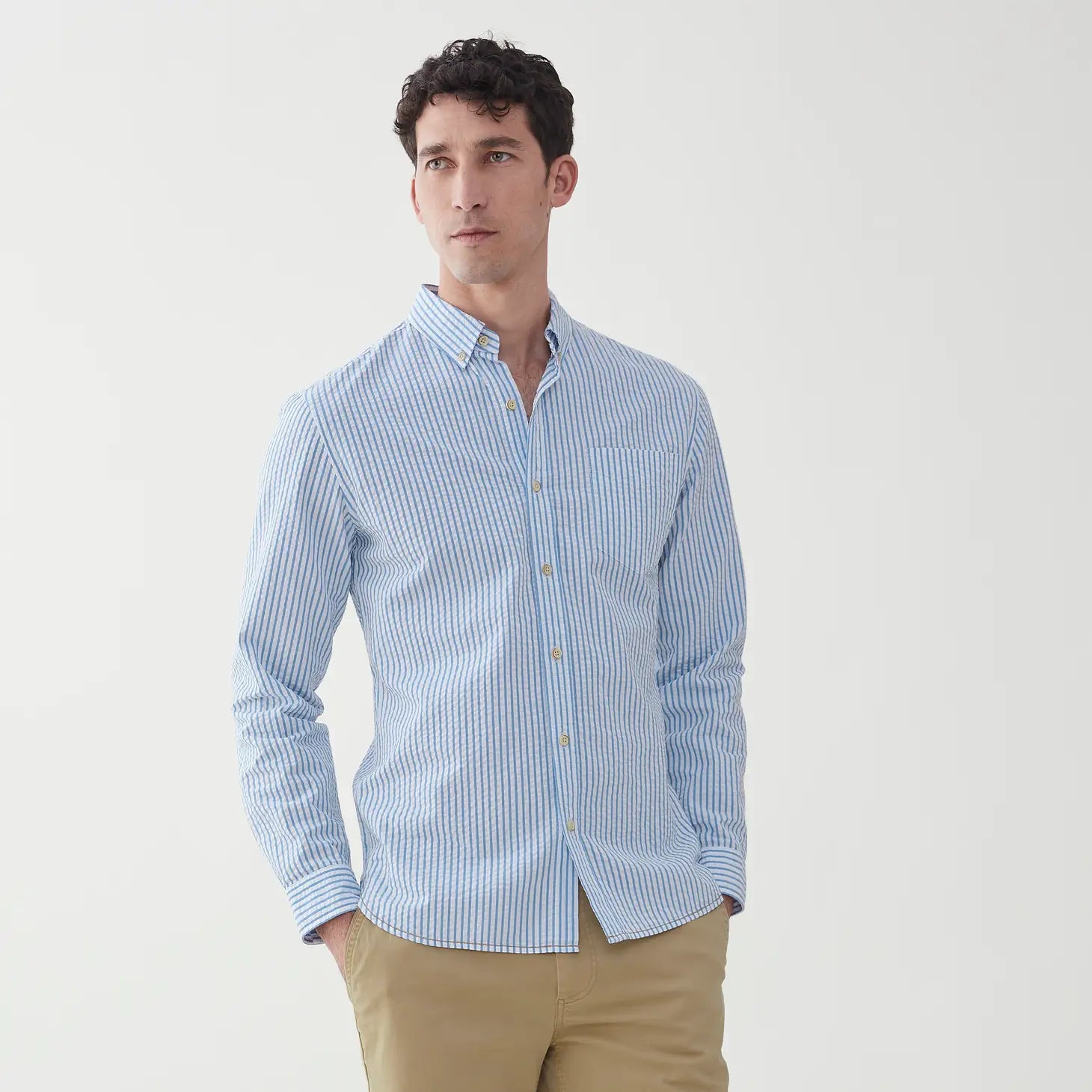 Faire,Surfside Supply, Surfside Supply Blue And White Vertical Striped Seersucker Button Up Shirt With Front Chest Pocket, White, Large-46-TagLExtra Extra Large-52-TagXXLExtra Large-48-TagXLSmall-41-TagSMedium-43-TagM