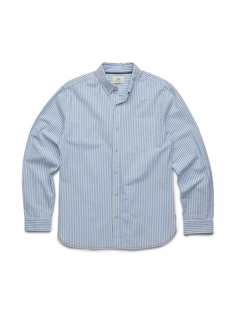 Surfside Supply Blue And White Vertical Striped Seersucker Button Up Shirt With Front Chest Pocket