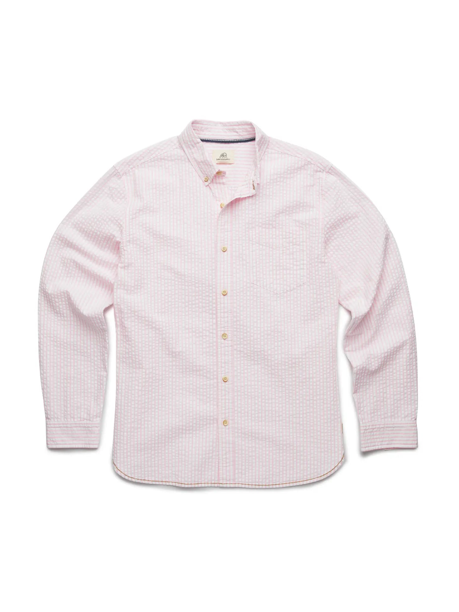 Faire,Surfside Supply, Surfside Supply Pink And White Vertical Striped Seersucker Button Up Shirt With Front Chest Pocket, White, Medium-43-TagM