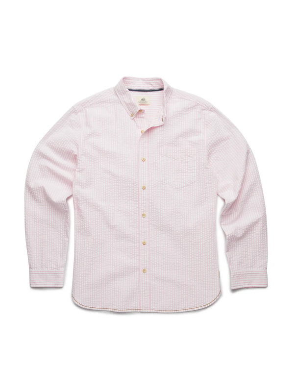 Surfside Supply Pink And White Vertical Striped Seersucker Button Up Shirt With Front Chest Pocket
