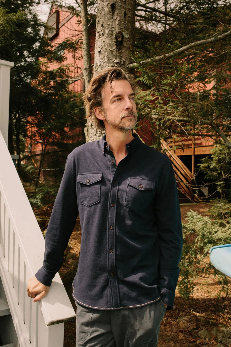 Faire,Surfside Supply, Surfside Supply Navy Knit Long Sleeve Button Up Shirt With Two Front Chest Pockets, Blue, Small-39-TagM