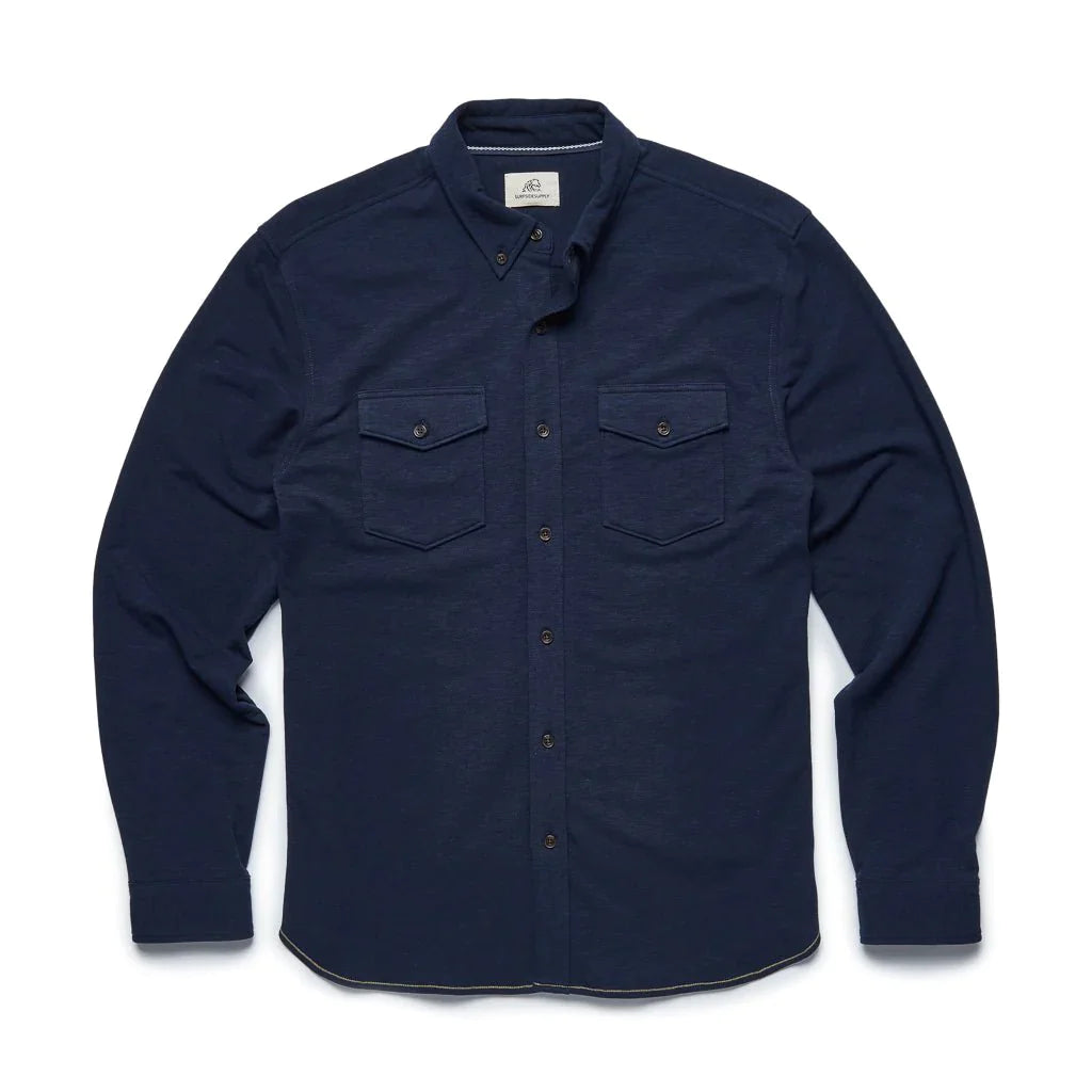 Faire,Surfside Supply, Surfside Supply Navy Knit Long Sleeve Button Up Shirt With Two Front Chest Pockets, Blue, Large-44-TagL