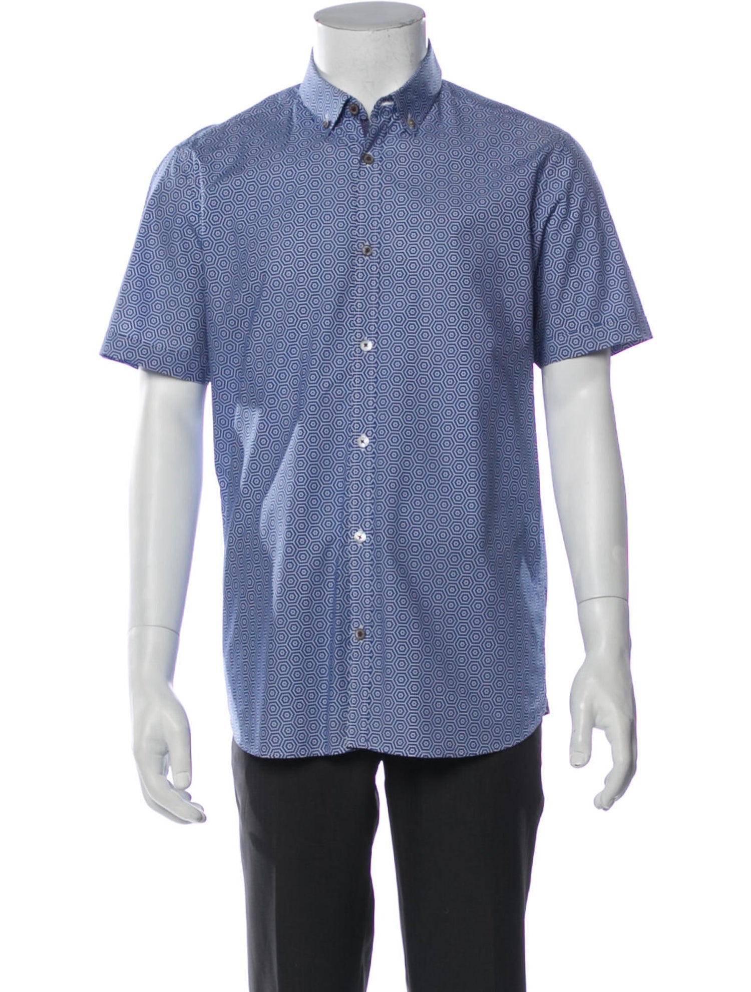 The RealReal,Ted Baker, Ted Baker Blue Geo Print Short Sleeve Button Up Shirt, Blue, Medium-42-TagM