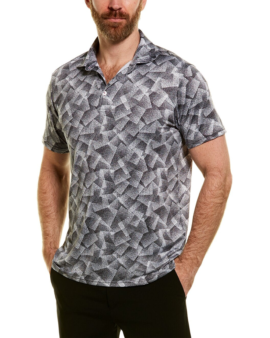TailorByrd,TailorByrd, TailorByrd Grey Geometric Print Performance Polo, Grey, Large-46-TagL
