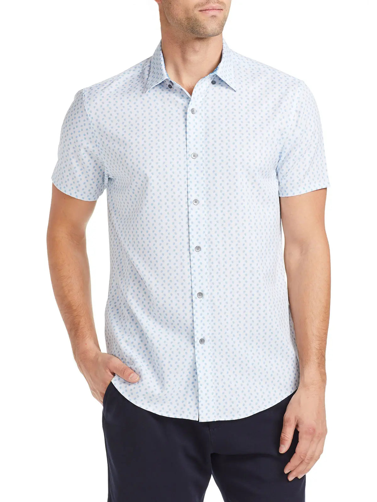 Faire,W.R.K., W.R.K White With Light Blue Mini Dot Print 4-Way Stretch Short Sleeve Shirt, White, Medium-42-TagM