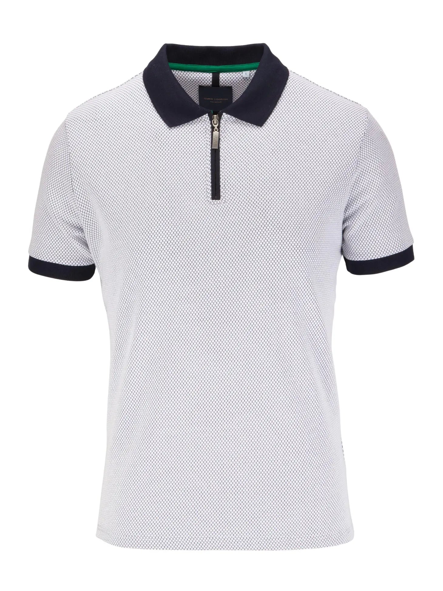 Faire,Guide London, Guide London White Textured Knit With Navy Contrast Collar Quarter Zip Short Sleeve Polo, White, Medium-41-TagM