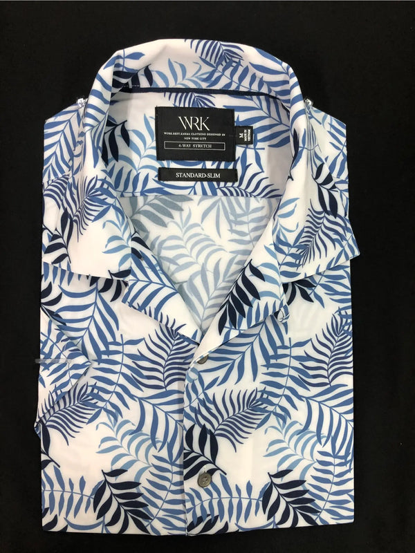 W.R.K Blue Tropical Print Camp Collar Performance Short Sleeve Shirt