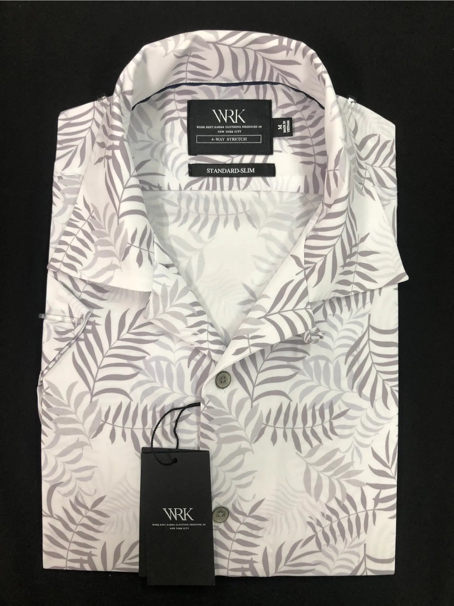 Faire,W.R.K., W.R.K Grey Tropical Print Camp Collar Performance Short Sleeve Shirt, Grey, Large-46-TagXL